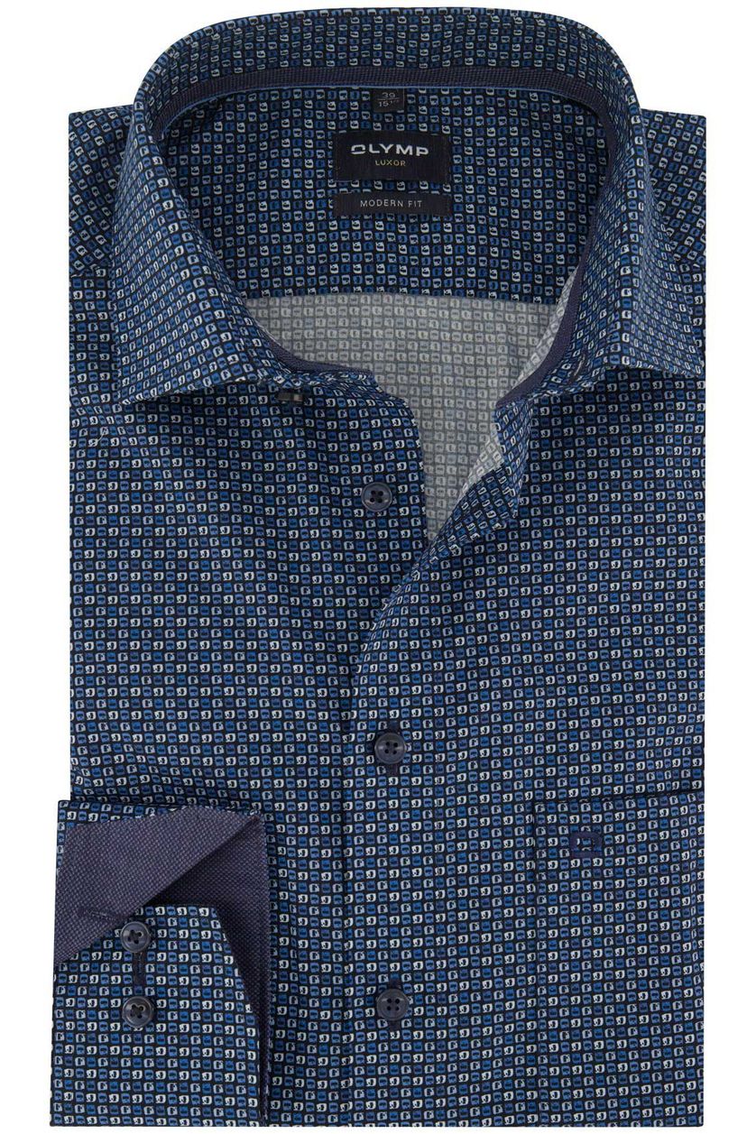 Olymp overhemd mouwlengte 7 Luxor Modern Fit nachtblauw geprint katoen normale fit