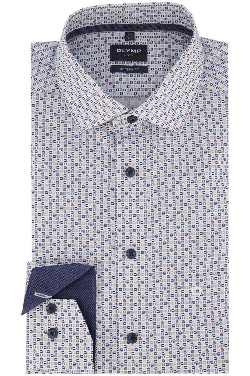 Olymp casual overhemd mouwlengte 7 blauw geprint katoen normale fit