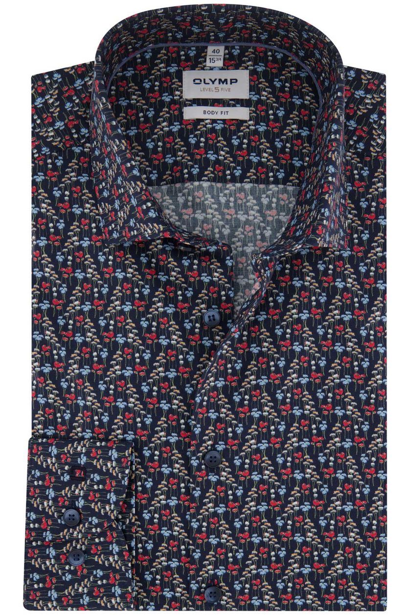 Olymp casual overhemd mouwlengte 7 Level Five navy met print katoen slim fit