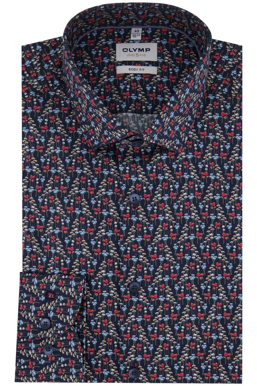 Olymp casual overhemd mouwlengte 7 Level Five navy met print katoen slim fit