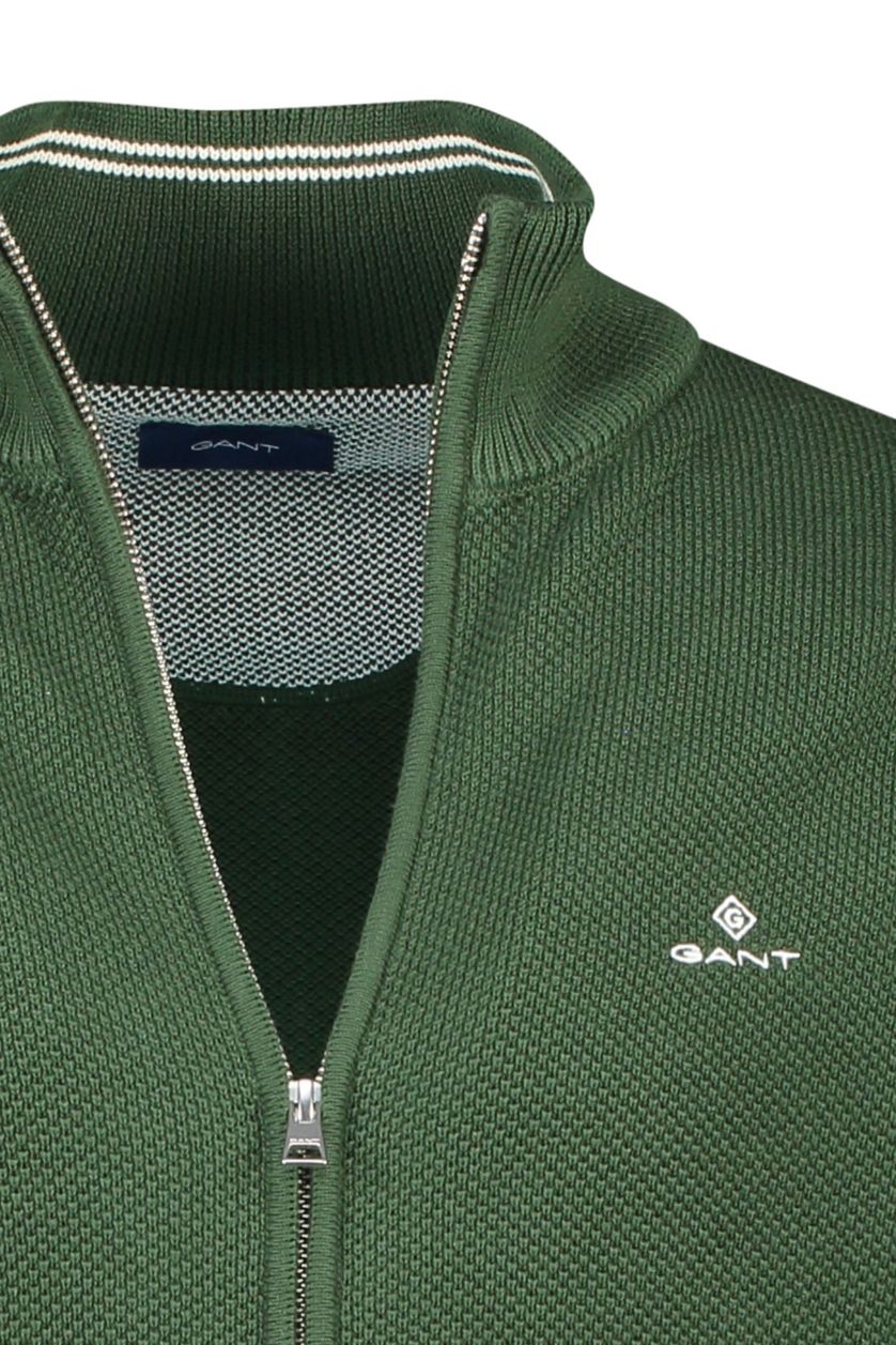 Gant vest groen effen met logo katoen opstaande kraag rits