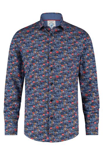 casual overhemd A Fish Named Fred  donkerblauw geprint katoen slim fit 