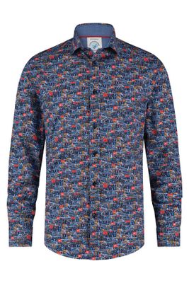 A Fish Named Fred casual overhemd A Fish Named Fred  donkerblauw geprint katoen slim fit 