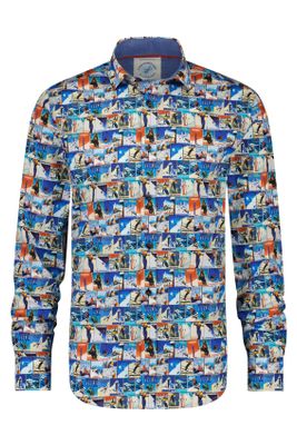 A Fish Named Fred A Fish Named Fred casual overhemd  slim fit blauw geprint katoen