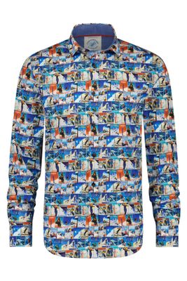 A Fish Named Fred A Fish Named Fred overhemd blauw met print 100% katoen slim fit