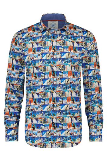 casual overhemd A Fish Named Fred  blauw geprint katoen slim fit 