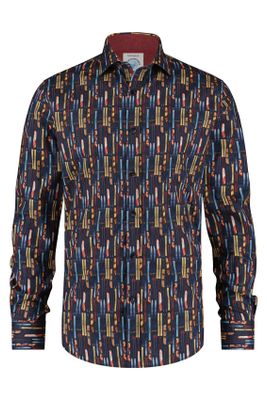 A Fish Named Fred A Fish Named Fred casual overhemd  donkerblauw geprint katoen slim fit