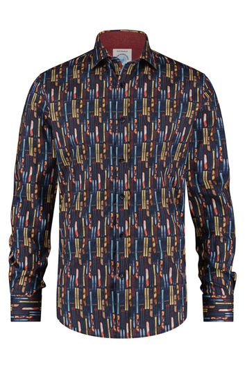 Overhemd A Fish Named Fred casual slim fit donkerblauw geprint katoen