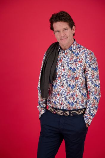 casual overhemd A Fish Named Fred  blauw geprint katoen slim fit 