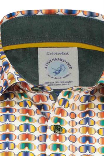 casual overhemd A Fish Named Fred  donkerblauw geprint katoen slim fit 
