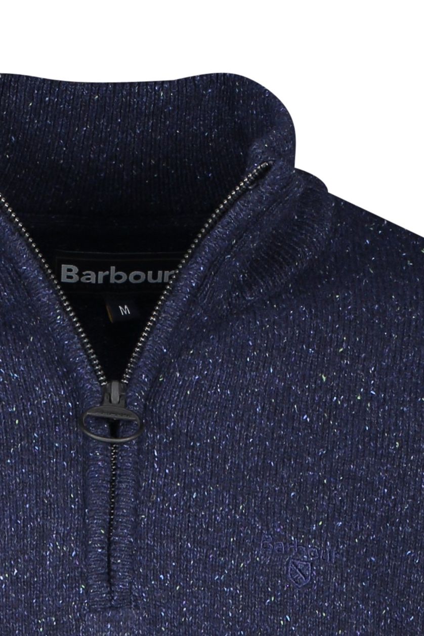 Barbour trui blauw uni wol opstaande kraag met rits