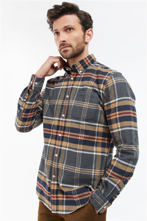 Barbour casual overhemd camel geruit flanel normale fit