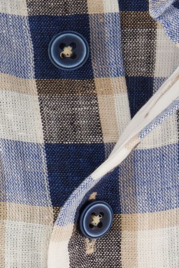 Portofino casual overhemd korte mouw wijde fit blauw geblokt katoen