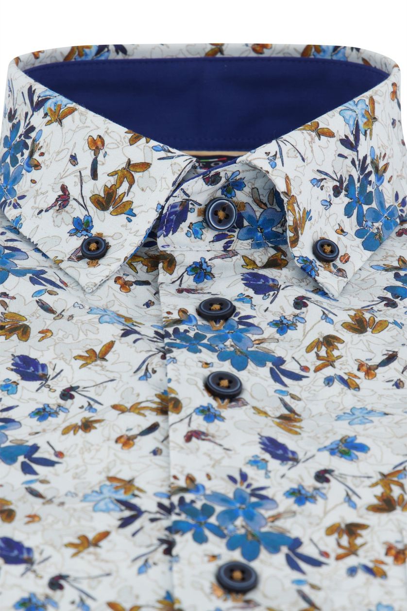 Portofino casual overhemd korte mouw blauw met bloemen dessin
