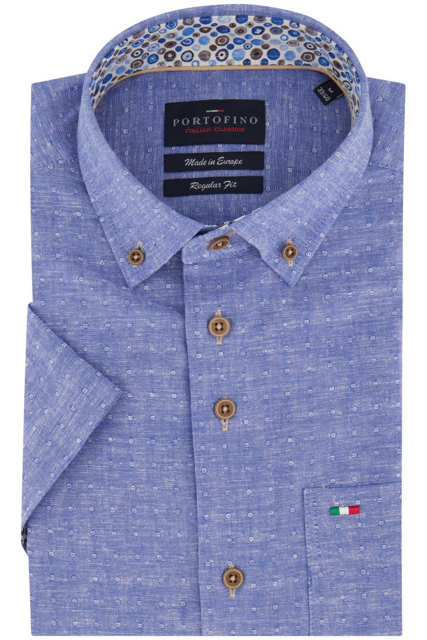 Portofino casual overhemd korte mouw blauw geprint linnen wijde fit