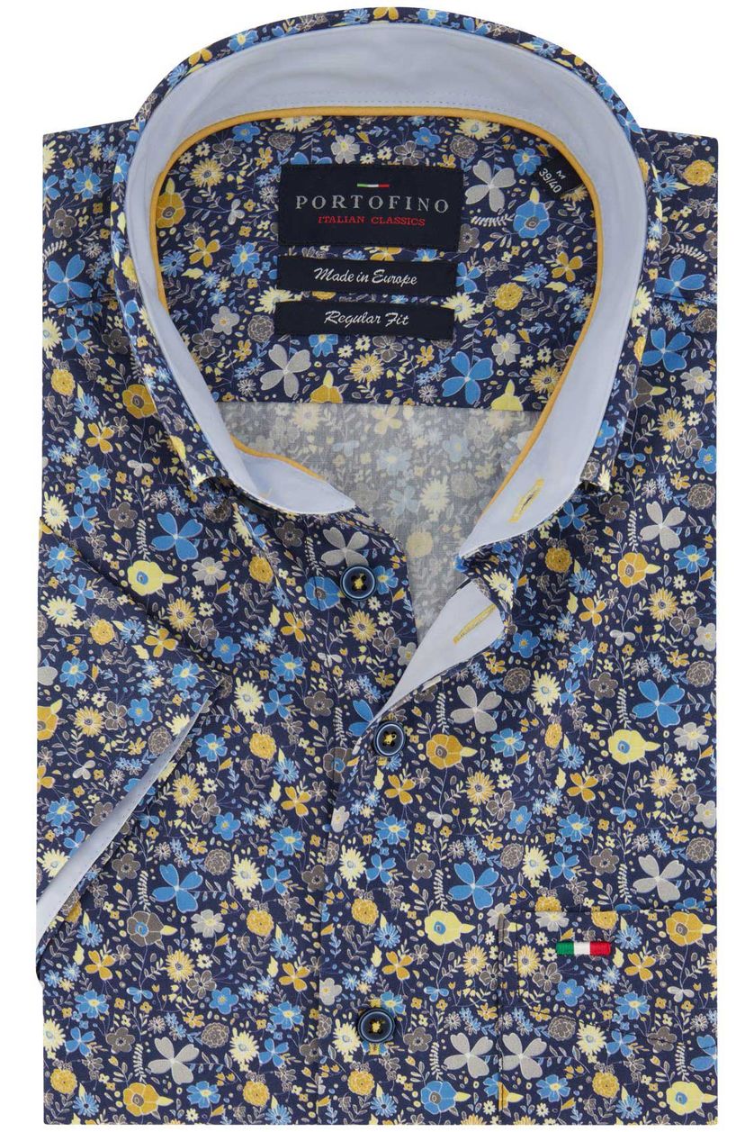 Portofino casual overhemd korte mouw  donkerblauw bloemenprint