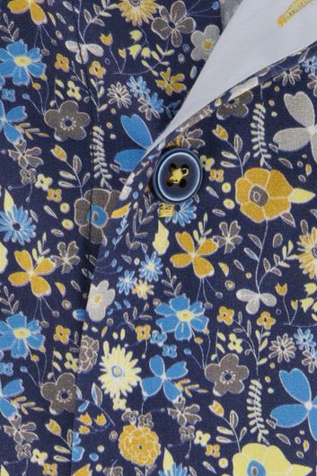 casual overhemd korte mouw Portofino  donkerblauw geprint katoen wijde fit 
