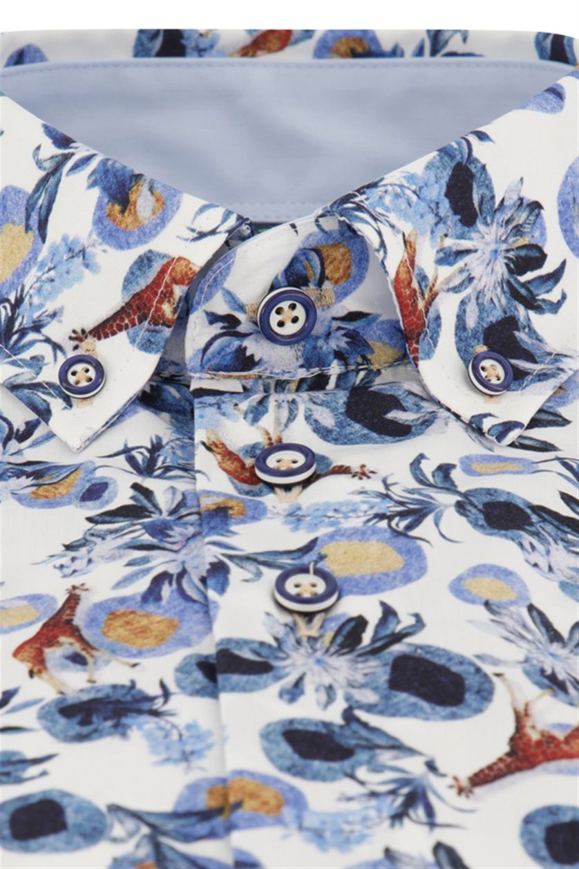 Portofino overhemd korte mouw blauw geprint met borstzak wijde fit