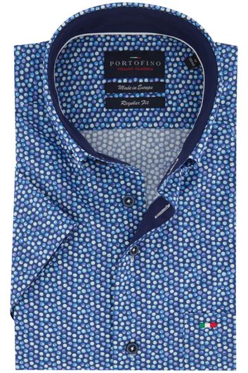 casual overhemd korte mouw Portofino  blauw geprint katoen wijde fit 