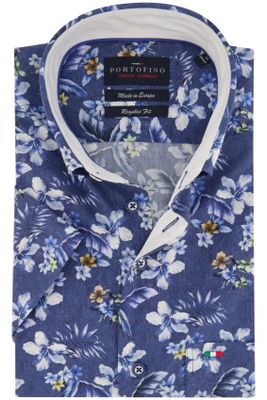 Portofino Portofino overhemd korte mouw  blauw bloemenmotief katoen wijde fit