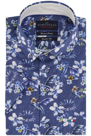 Portofino casual overhemd korte mouw  wijde fit blauw bloemenprint katoen
