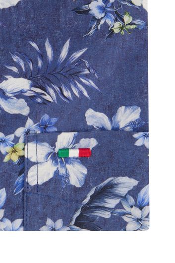 Portofino casual overhemd korte mouw  wijde fit blauw bloemenprint katoen