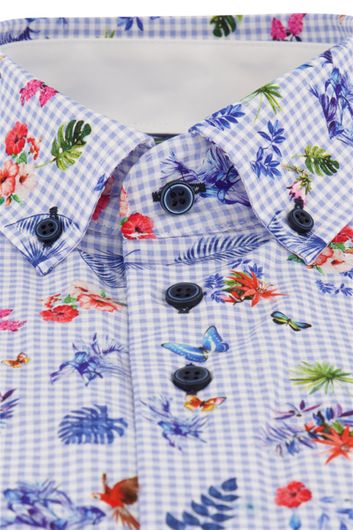 Portofino casual overhemd korte mouw  wijde fit lichtblauw geruit printje katoen