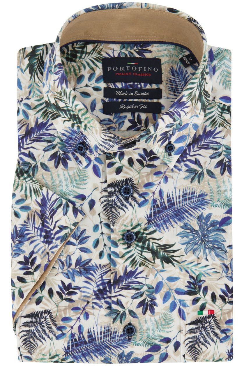 Casual Portofino overhemd korte mouw blauw bloemetjes print katoen