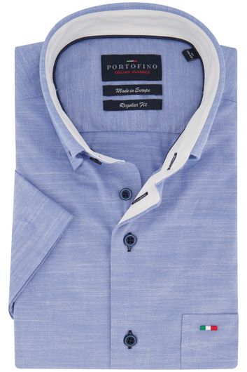 Portofino casual overhemd korte mouw  wijde fit blauw effen katoen