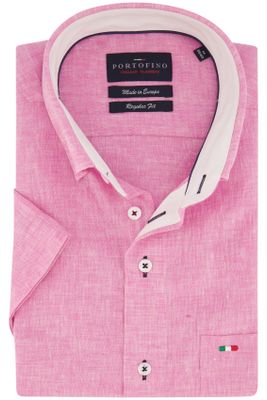 Portofino casual overhemd korte mouw Portofino  roze effen katoen wijde fit 
