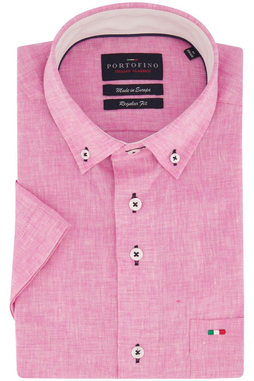 Portofino casual overhemd korte mouw  roze effen katoen wijde fit