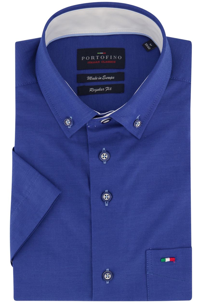 Portofino casual overhemd korte mouw  blauw effen katoen wijde fit