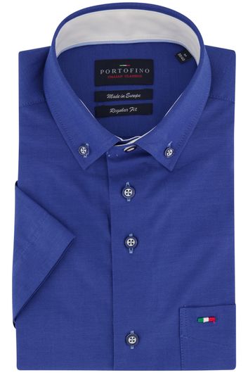 Portofino casual overhemd korte mouwen wijde fit blauw effen katoen