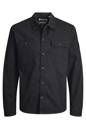 casual overhemd Jack & Jones zwart effen katoen overshirt knopen