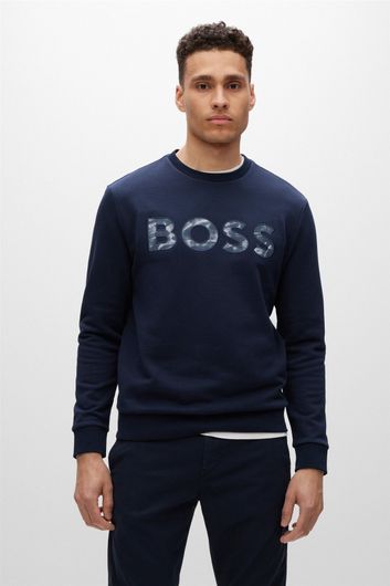 sweater Hugo Boss blauw effen katoen ronde hals 