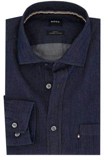 Hugo Boss casual overhemd  slim fit blauw effen met borstzak