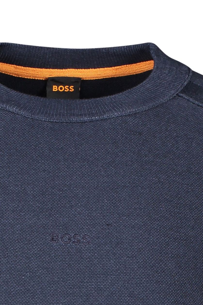 Hugo Boss trui donkerblauw effen wol ronde hals 