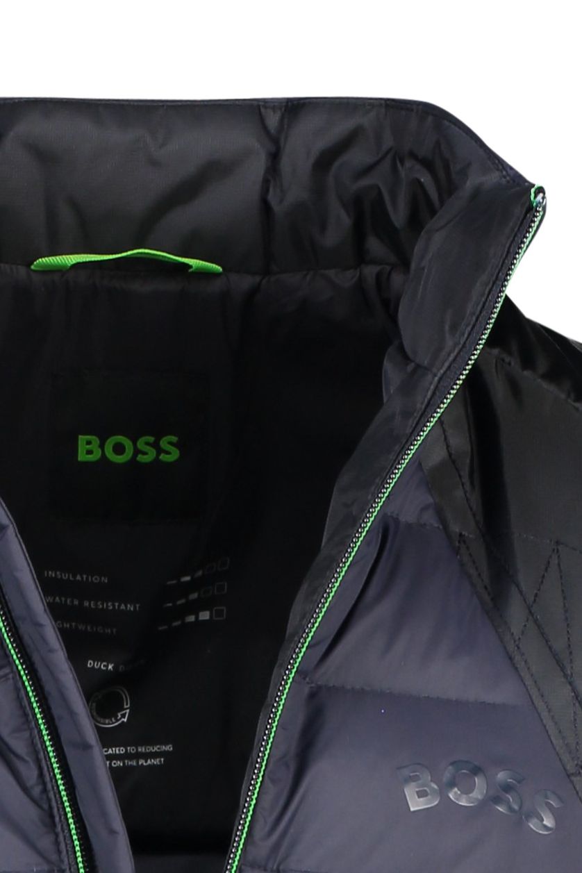 Hugo Boss winterjas donkerblauw effen groene rits