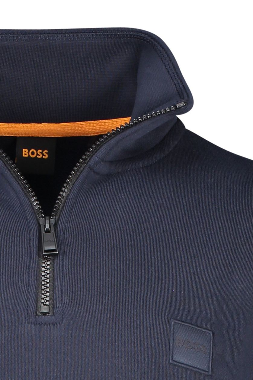 Hugo Boss sweater donkerblauw effen katoen opstaande kraag 