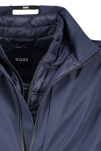 Hugo Boss winterjas donkerblauw effen rits normale fit afneembare capuchon
