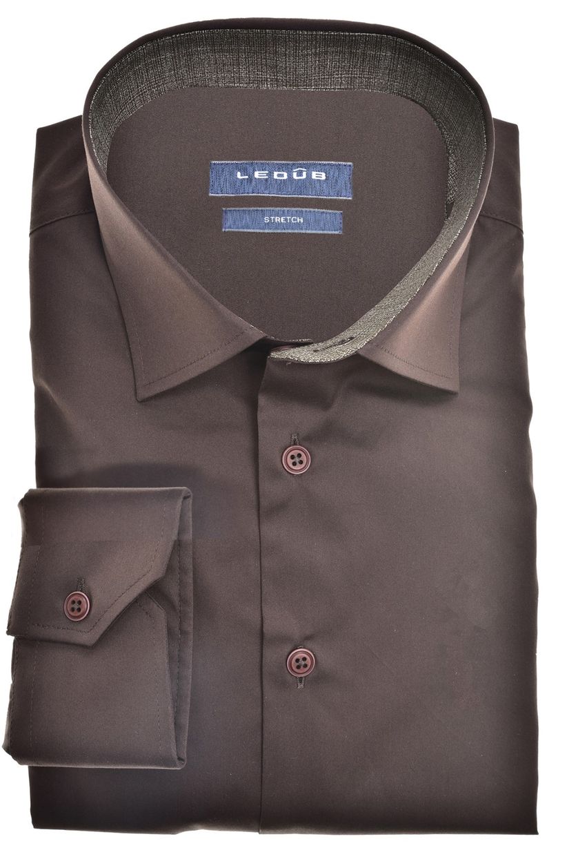 Ledub overhemd mouwlengte 7 Modern Fit bruin effen normale fit