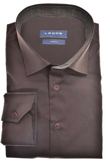 Ledub overhemd mouwlengte 7 Modern Fit normale fit bruin effen 