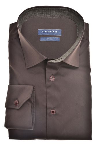 business overhemd Ledub Modern Fit bruin effen katoen normale fit 