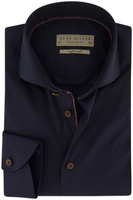 John Miller John Miller overhemd mouwlengte 7 Tailored Fit donkerblauw effen katoen slim fit