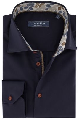 Ledub Ledub overhemd mouwlengte 7 Modern Fit donkerblauw effen katoen normale fit