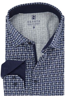 Desoto casual overhemd Desoto blauw geprint katoen slim fit 