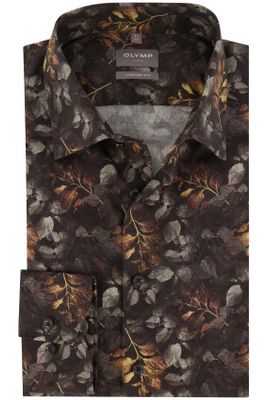 Olymp Olymp business overhemd wijde fit bruin met bladerenprint
