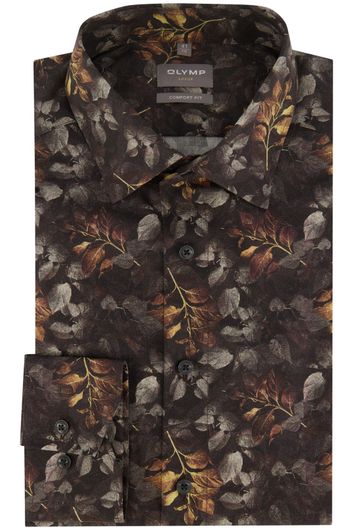 Olymp business overhemd wijde fit bruin met bladerenprint