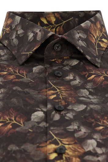 Olymp business overhemd wijde fit bruin met bladerenprint