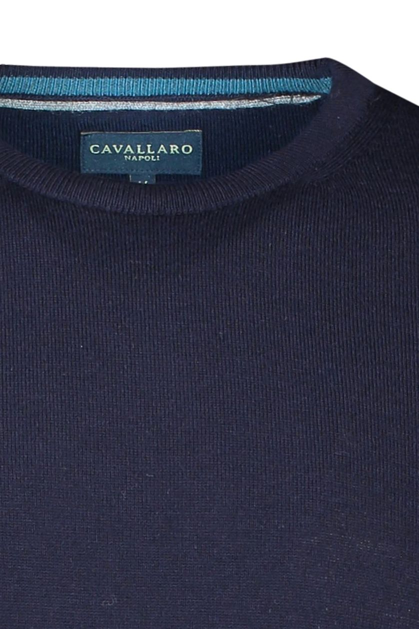 Cavallaro trui blauw effen merinowol ronde hals 